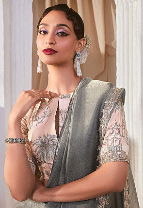 Embroidered Border Tissue Silk Saree in Grey