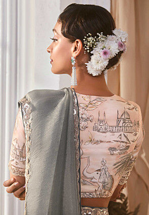 Embroidered Border Tissue Silk Saree in Grey