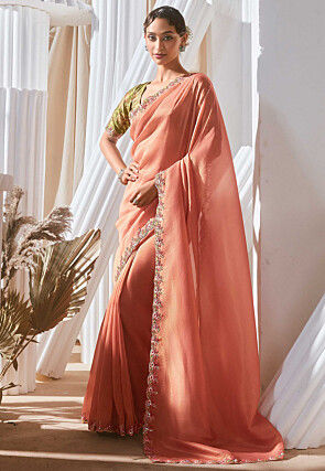 Embroidered Border Tissue Silk Scalloped Saree in Peach