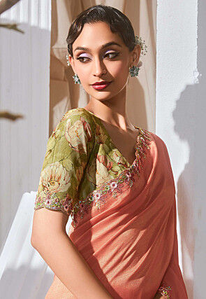 Embroidered Border Tissue Silk Scalloped Saree in Peach