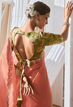 Embroidered Border Tissue Silk Scalloped Saree in Peach