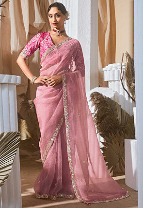 Embroidered Tissue Silk Saree in Pink