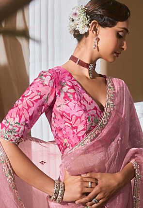 Embroidered Tissue Silk Saree in Pink