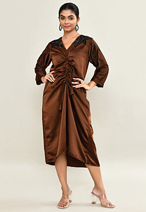 Hand Embroidered Satin A Line Dress in Brown