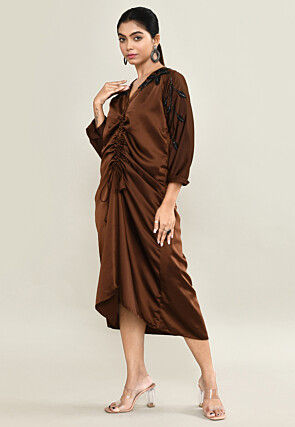 Hand Embroidered Satin A Line Dress in Brown