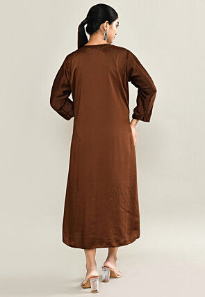 Hand Embroidered Satin A Line Dress in Brown