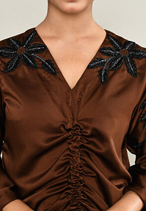 Hand Embroidered Satin A Line Dress in Brown