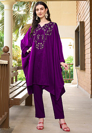Embroidered Satin A Line Kurta Set in Purple