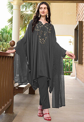 Embroidered Satin A Line Suit in Grey