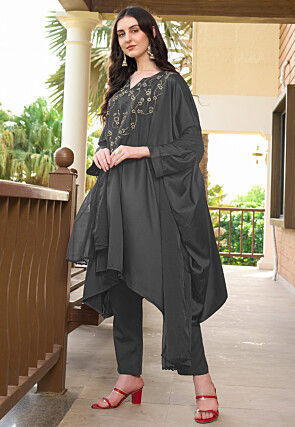 Embroidered Satin A Line Suit in Grey