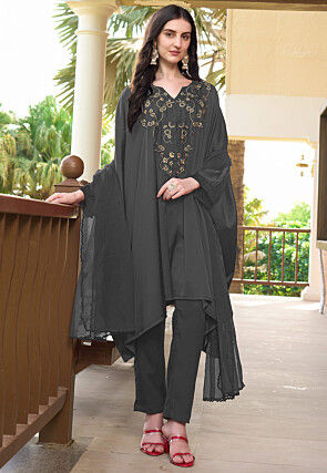 Embroidered Satin A Line Suit in Grey