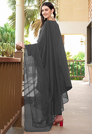 Embroidered Satin A Line Suit in Grey