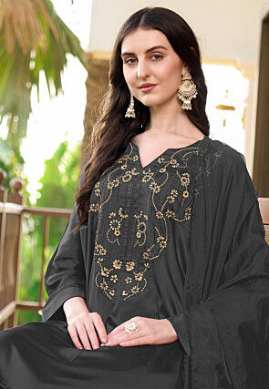 Embroidered Satin A Line Suit in Grey