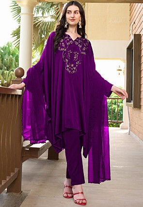 Embroidered Satin A Line Suit in Purple