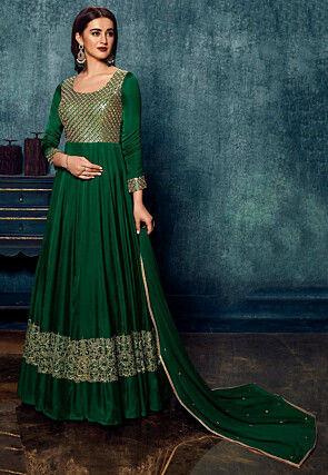 Embroidered Satin Abaya Style Suit in Green