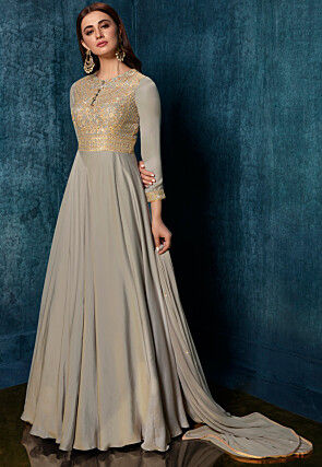 Embroidered Satin Abaya Style Suit in Grey