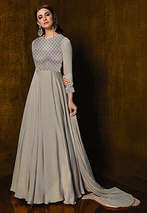 Embroidered Satin Abaya Style Suit in Grey