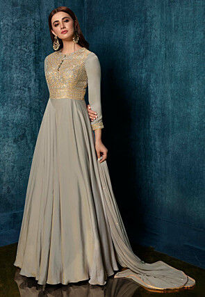 Embroidered Satin Abaya Style Suit in Grey
