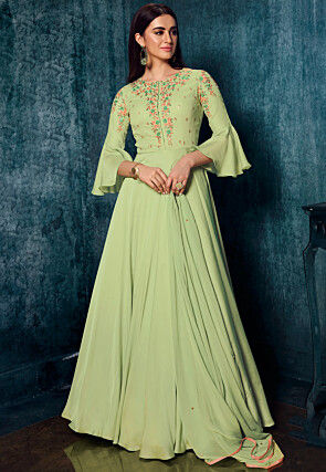 Embroidered Satin Abaya Style Suit in Light Green