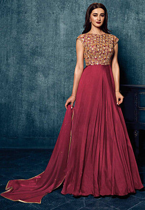 Embroidered Satin Abaya Style Suit in Maroon