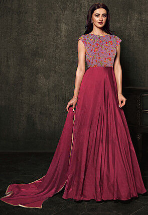 Embroidered Satin Abaya Style Suit in Maroon
