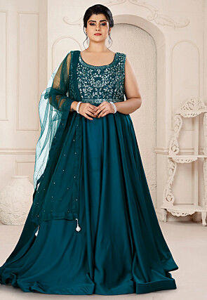 Embroidered Satin Abaya Style Suit in Teal Blue