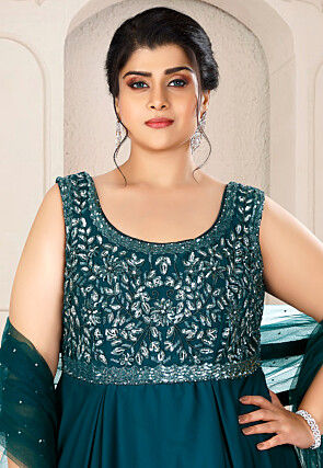 Embroidered Satin Abaya Style Suit in Teal Blue