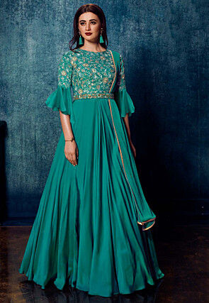 Embroidered Satin Abaya Style Suit in Teal Green