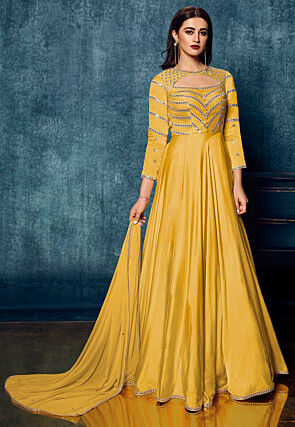 Embroidered Satin Abaya Style Suit in Yellow