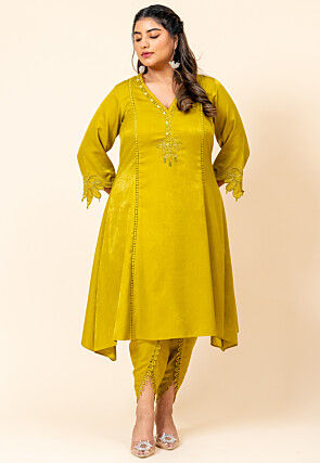 Embroidered Satin Aline Kurta Set in Light Olive Green