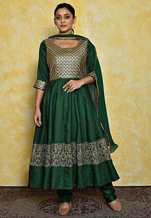 Embroidered Satin Anarkali Suit in Dark Green