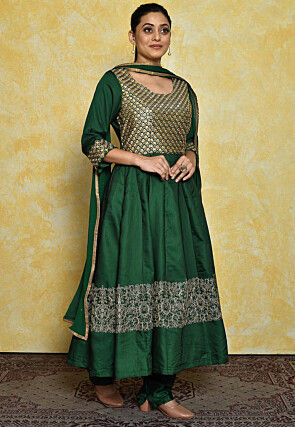 Embroidered Satin Anarkali Suit in Dark Green