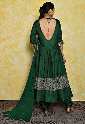 Embroidered Satin Anarkali Suit in Dark Green