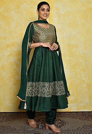 Embroidered Satin Anarkali Suit in Dark Green