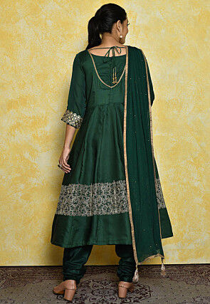 Embroidered Satin Anarkali Suit in Dark Green