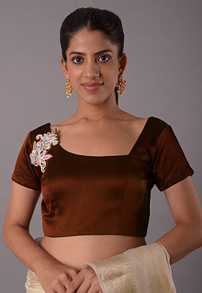 Embroidered Satin Blouse in Dark Brown