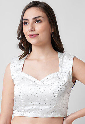 Embroidered Satin Padded Blouse in White and Blue