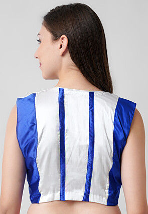 Embroidered Satin Padded Blouse in White and Blue