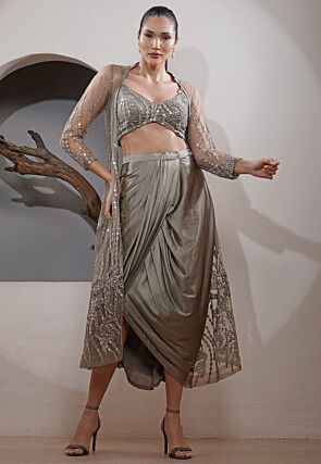 Embroidered Satin Bralette Top Set in Grey