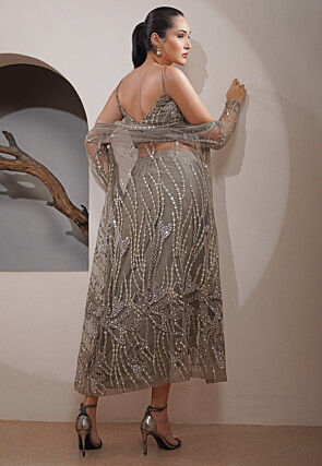 Embroidered Satin Bralette Top Set in Grey