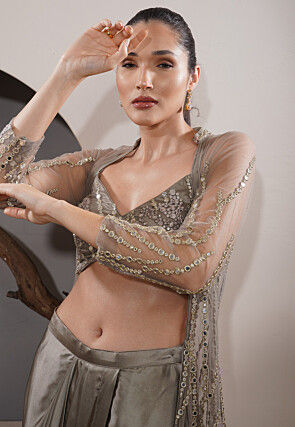 Embroidered Satin Bralette Top Set in Grey