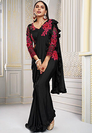 Embroidered Satin Butterfly Pallu Saree in Black