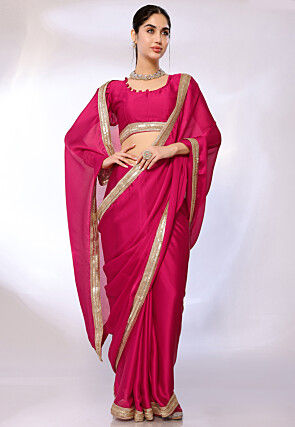 Embroidered Satin Chiffon Saree in Fuchsia