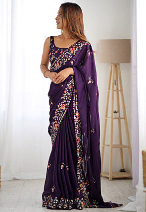 Embroidered Satin Chiffon Scalloped Saree in Purple