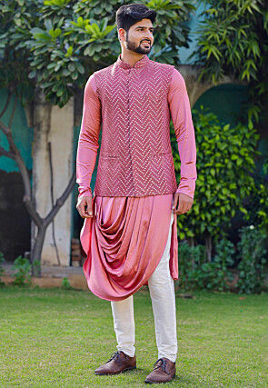 Embroidered Satin Cowl Style Kurta Jacket Set in Pink