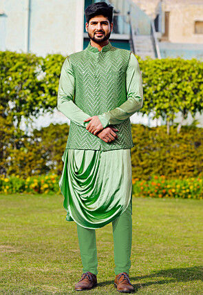 Embroidered Satin Cowl Style Kurta Set in Light Green
