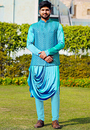 Embroidered Satin Cowl Style Kurta Set in Turquoise