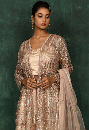 Embroidered Satin Crop Top Set in Beige