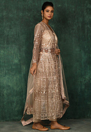 Embroidered Satin Crop Top Set in Beige