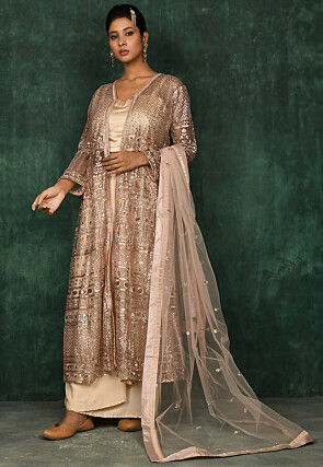 Embroidered Satin Crop Top Set in Beige